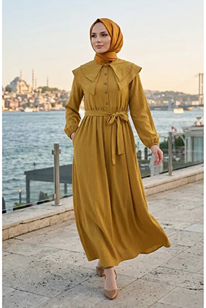 sefamerve Βρεφικό φόρεμα με γιακά και ζώνη 2252-06 Πράσινο λαδί