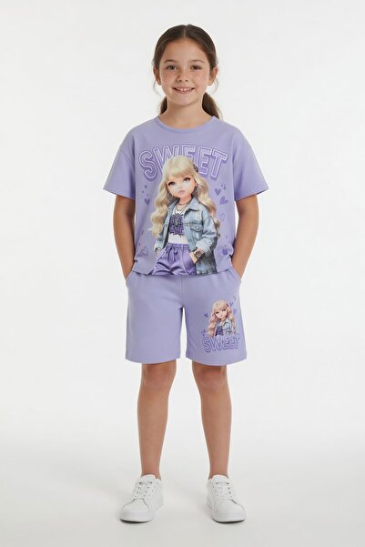 Cansın Mini Lila Sweet Written Character Printed Girls' Shorts 2-Piece Set 23994