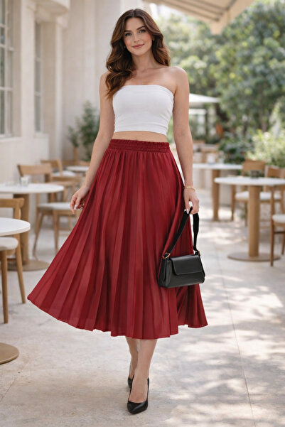 Lasirius Ψηλόμεση πλισέ μίντι γυναικεία φούστα με ελαστική μέση και λαμπερή ε...