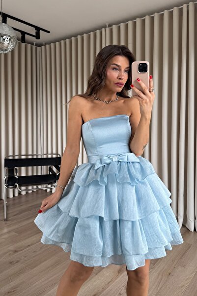 Sue Store Baby Blue Lined Mini Strapless Evening Dress