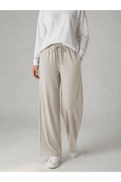 LEGS STAR Women's Cream Waist Lace-Up Pocketed Comfortable Fit Oysho Fabric Sweatpants Trousers