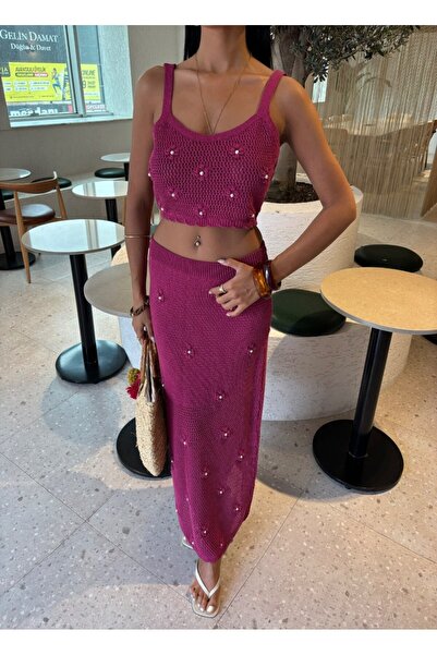 LOKADI Γυναικείο Μαύρο/Φούξια Πλεκτό Σετ Μπουστιέ και Μακριά Φούστα με Πέρλες...