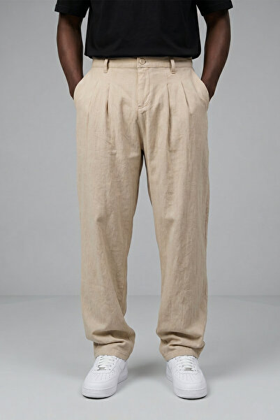 KHAYN Men's Baggy Raw Linen Fabric Pleated Buttoned Fabric Pants K2054