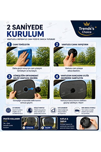 trends's choice Araç Oto Güneşlik Yan Cam Güneşlik Perde Vantuzlu Araç Yan Cam Güneşliği UV Korumalı