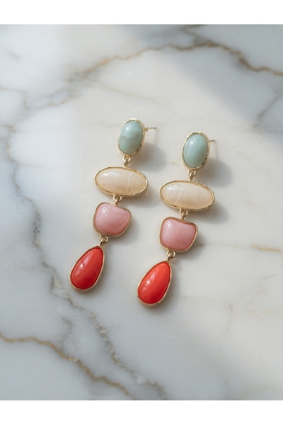 mia atelier Mercan Kırmızı & Pastel Tonlar Dört Katmanlı Sallantılı Gold Küpe