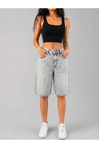 Cool & Sexy Γυναικείο ψηλόμεσο φαρδύ τζιν βερμούδα ανοιχτό μπλε