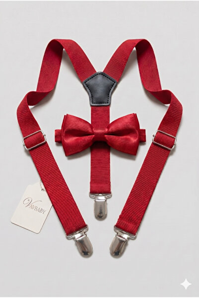 VaVbaby Boy's Adjustable Trouser Suspenders and Bow Tie Set - Red