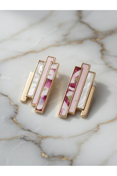 mia atelier Pudra Pembe & Fuşya Mozaik Geometrik Bar Gold Küpe
