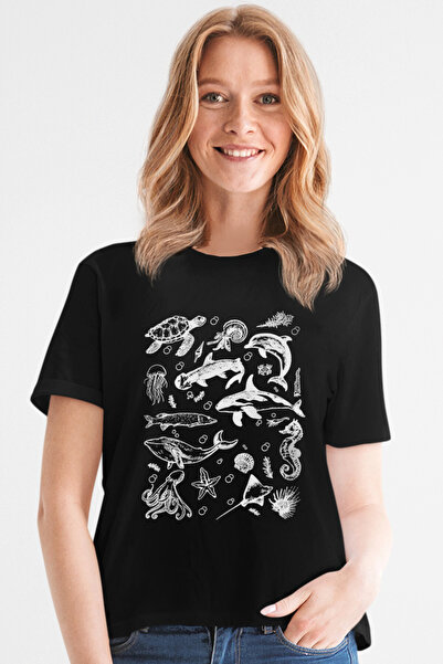 ROCKANDROLL Γυναικείο μπλουζάκι με κοντό μανίκι "Life in the Sea" σε μαύρο χρώμα