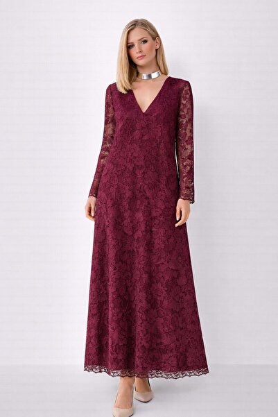 SERAVENZA COUTURE Maxi Boy Uzun Kollu Şık Dantel Elbise COU-109