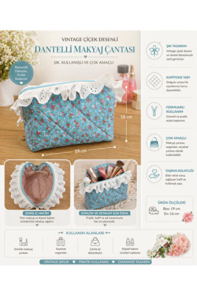 BAGS Vintage Çiçek Desenli Dantelli Makyaj Çantası – Kapitone, Fermuarlı, Çok...
