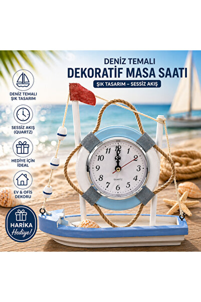 1DepoBu Deniz Temalı Dekoratif Masa Saati – Can Simidi Tasarımlı Şık Saat | E...