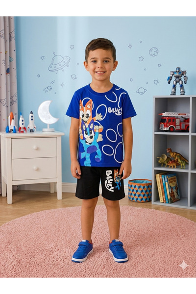 Aselin Kids Детски летен комплект за момчета с щампа Блуи, с къси панталони -...