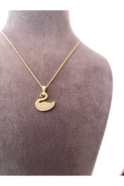 Kuğu Kolye Figürlü Kristal Taşlı Gold Renk Minimalist Tasarım