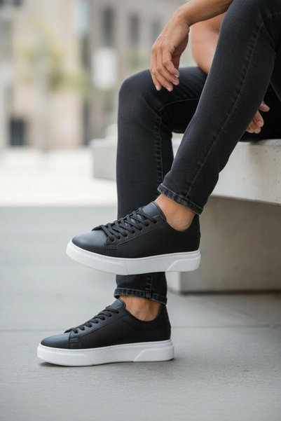 FAYMAZ Men's Black Leather White Thick Sole Guaranteed Lace-Up Casual Sneaker Sports Shoes