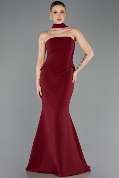 Abiyefon Bordo Straplez Peplum Kesim Uzun Abiye Elbise ABU5735