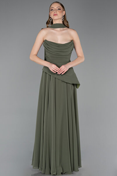 Abiyefon Haki Straplez Peplum Kesim Uzun Şifon Abiye Elbise ABU5763