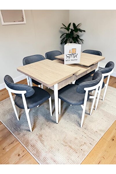 MSY HOME 6 Kişilik Lina Antrasit Kumaş 80*130 Traverten Açılır Masa Sandalye ...