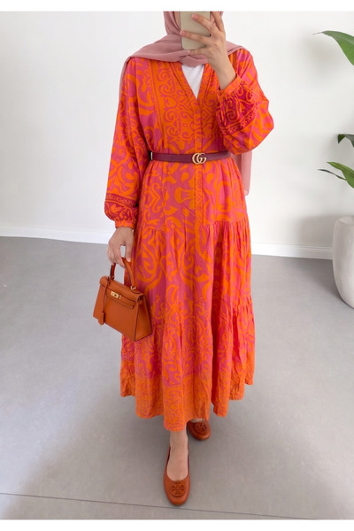 secret of VALORIA فستان نسائي طويل من القطن والفسكوز بنقشة مميزة، لا يشمل الحزام