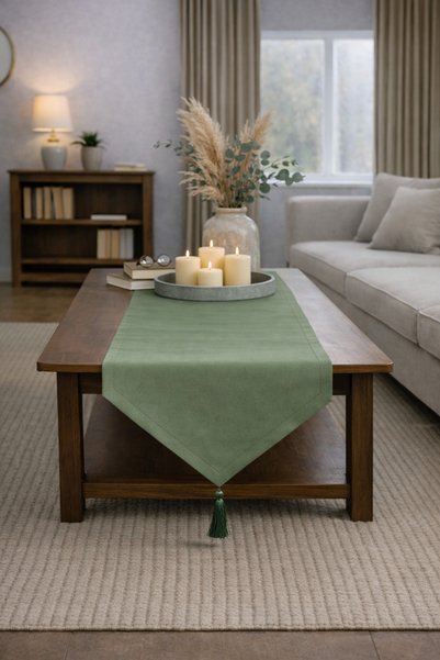 Econice Green Duck Linen Decorative Runner 40 X 140 cm