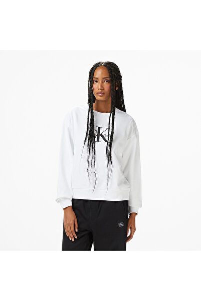 Calvin Klein Monologo French Terry Kadın Beyaz Sweatshirt