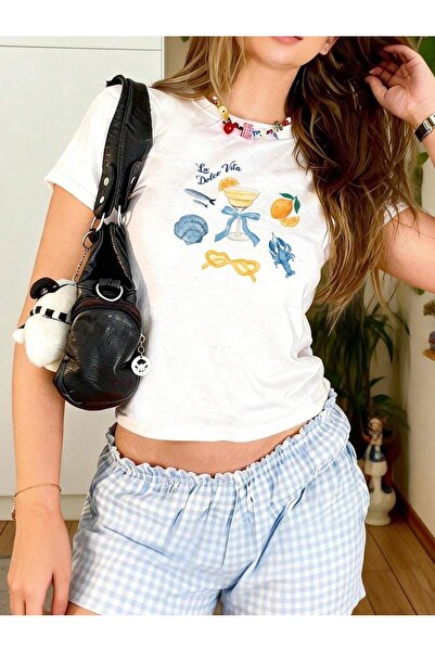 OVER HEAD Tricou crop cu imprimeu La Dolce Vita pentru femei