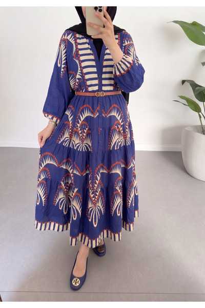 secret of VALORIA فستان نسائي طويل من القطن والفسكوز بنقشة مميزة، لا يشمل الحزام