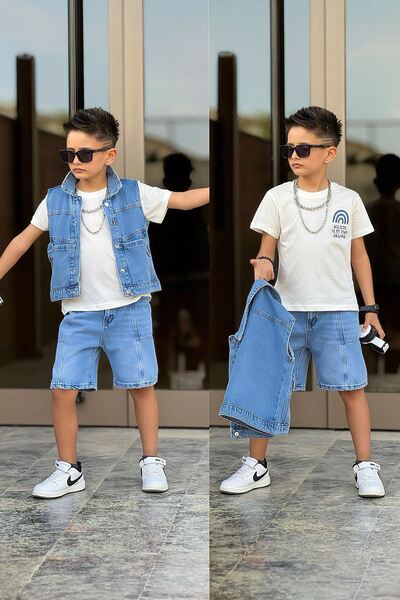 Minigimin Cicileri Σετ σορτς για αγόρια 3 τεμαχίων με τζιν γιλέκο - Μπλε