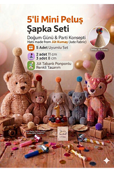 asöy Oyuncak için Minik Şapka Jüt kumaşParti 5 Adet (2 adet 11 cm 3 adet 8cm)...