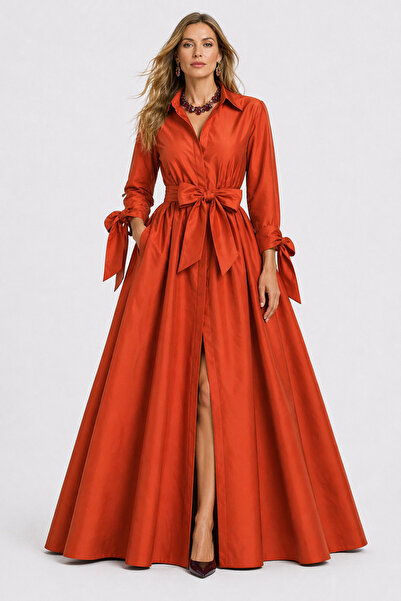 UNTIMELY Maxi Taffeta Shirt Dress with Sleeve Tie Detail
