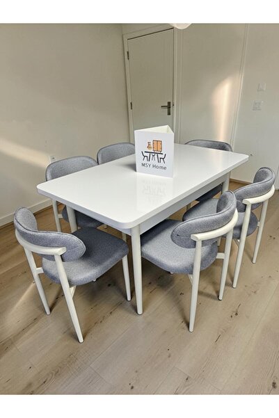 MSY HOME 4 Kişilik Lina A.Gri Kumaş 80*130 Beyaz Açılır Masa Sandalye Seti (M...