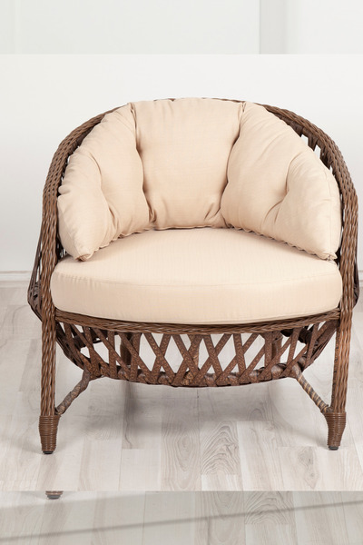 KalyonHome Gardeniza Sicilya Rattan 3+1+1 Bahçe Balkon Oturma Grubu Yuvarlak Cam Masa Bej