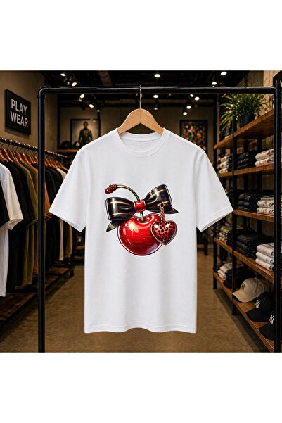 playwear Μπλουζάκι με γυαλιστερή κορδέλα κερασί, στάμπα στο στήθος, 100% βαμβ...