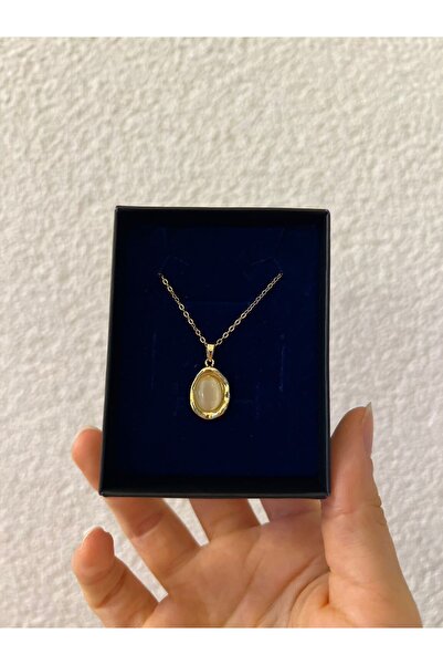 Rose and Light Oval Stone Necklace - Gold