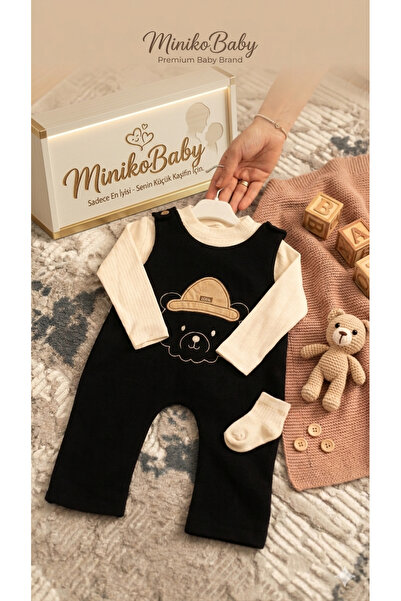 Butik "Cool Bear" Nakışlı Bebek Ribana Salopet Takımı (minik hediyeli)