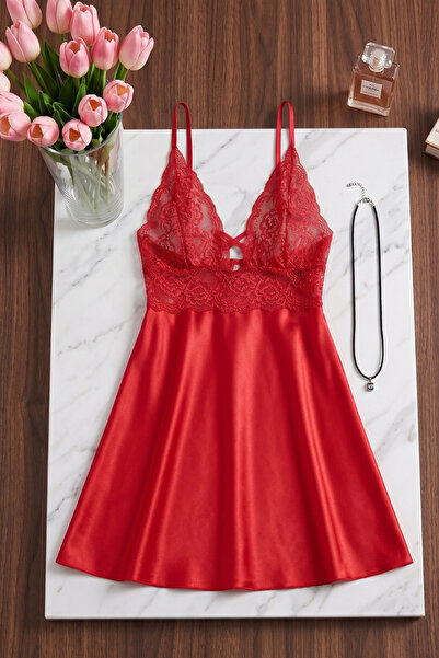 QKK Red Lace Embroidered Satin Nightgown - Low-Cut Mini Nightgown