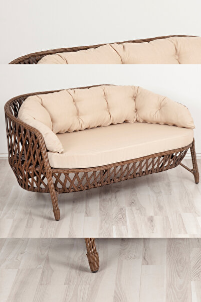 KalyonHome Gardeniza Sicilya Rattan 3+1+1 Bahçe Balkon Oturma Grubu Yuvarlak Cam Masa Bej