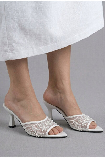 ŞAH Λευκές δαντελένιες παντόφλες βραδινού φορέματος με λεπτομέρεια από χάντρε...