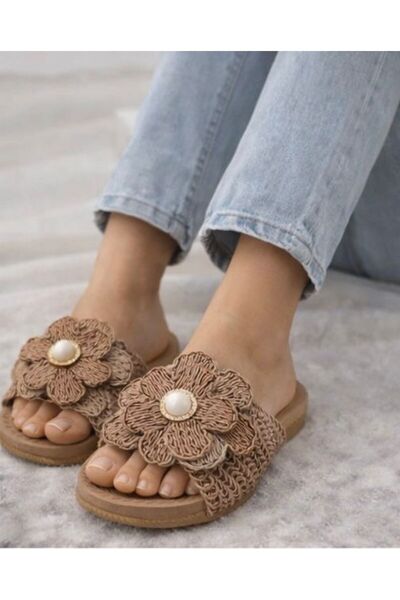 PAPUCUMUN DÜNYASI Γυναικείες Ψάθινες Παντόφλες με Λουλούδια - Παντόφλες Εξωτε...