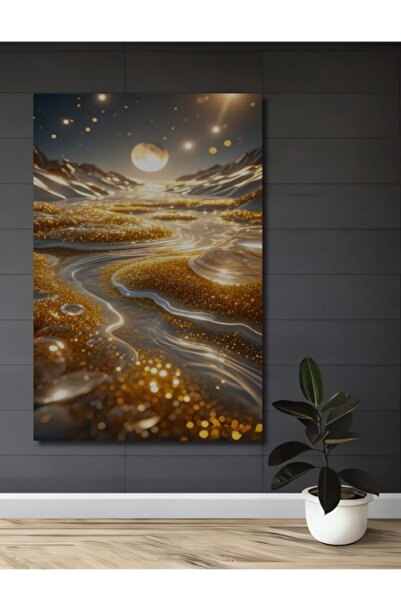 Teona Ahşap Διακοσμητικό Ξύλινο Τραπέζι με Ελαιογραφία Χρυσού Λαμπερού Τοπίου...