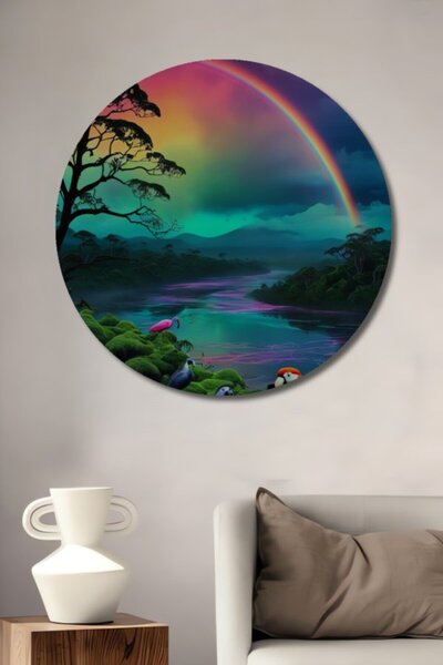 Teona Ahşap Στρογγυλό τραπέζι με ελαιογραφία με ουρανό και πολύχρωμα πουλιά, ...