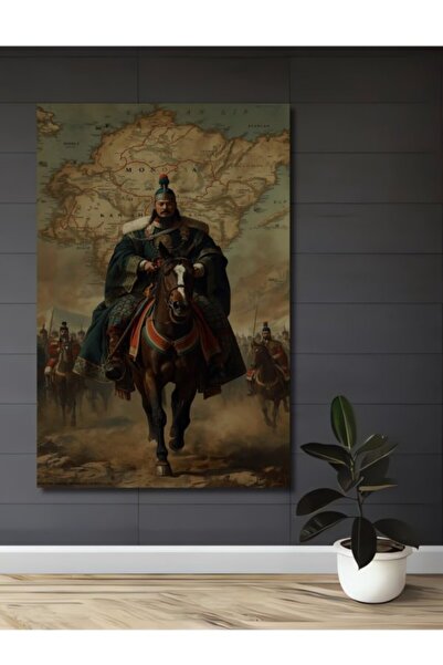 Teona Ahşap Μογγολικός Αυτοκράτορας σε Άλογο, Ξύλινο Διακοσμητικό Πίνακα με Ε...