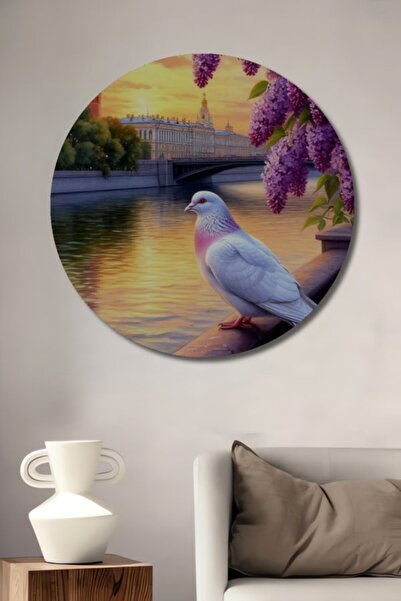 Teona Ahşap Στρογγυλό Ξύλινο Διακοσμητικό Τραπέζι με Ελαιογραφία με θέμα το Ρ...