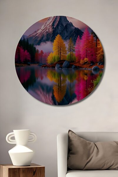 Teona Ahşap Στρογγυλό Ξύλινο Διακοσμητικό Τραπέζι με Ακουαρέλα Μαγικού Τοπίου...