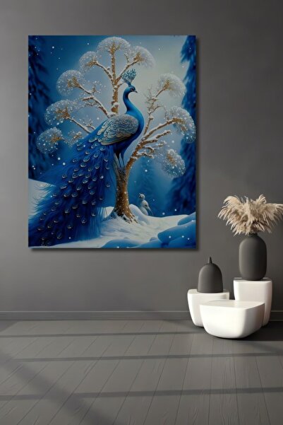 Teona Ahşap Μαγικό Χειμερινό Μπλε Παγώνι Ελαιογραφία με Ξύλινη Διακοσμητική Β...