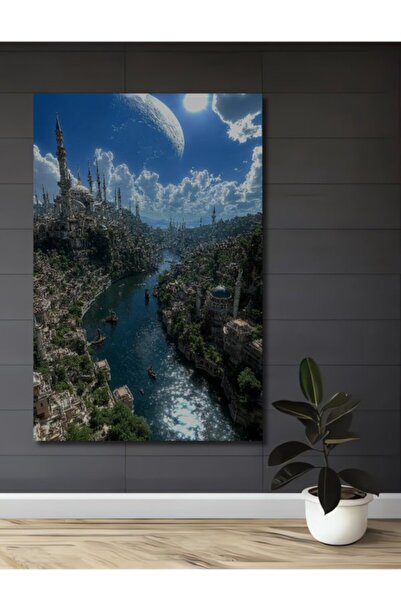 Teona Ahşap Φανταστικό Αστικό Τοπίο με Ελαιογραφία, Ξύλινο Διακοσμητικό Τραπέ...