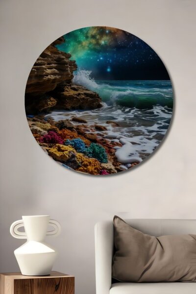 Teona Ahşap Στρογγυλό Ξύλινο Διακοσμητικό Τραπέζι με Γαλαξιακό Θέαμα Παραλίας...