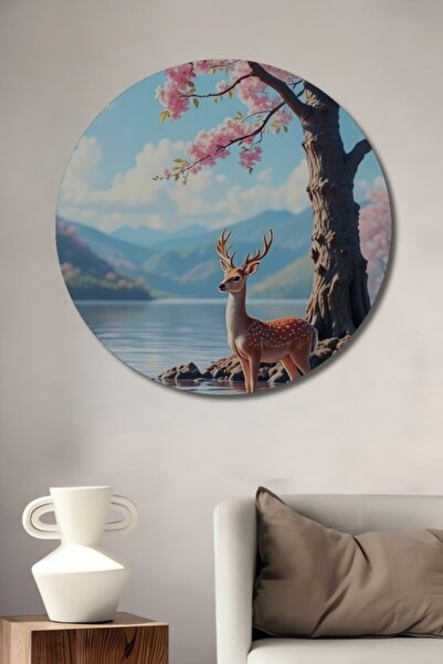 Teona Ahşap Στρογγυλό Ξύλινο Διακοσμητικό Πίνακα με Ακουαρέλα με Εμφάνιση Αγε...
