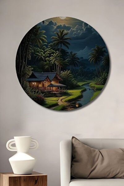 Teona Ahşap Στρογγυλό Ξύλινο Διακοσμητικό Τραπέζι με Θέμα την Πανσέληνο και τ...