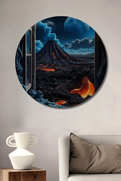 Teona Ahşap Στρογγυλό Ξύλινο Διακοσμητικό Τραπέζι με Ακουαρέλα Ηφαιστειακού Τ...